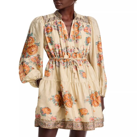 375$ Sea Fiorella Border Print Mini Dress Elasticized Cuffs Size XS Beige - Picture 2 of 5